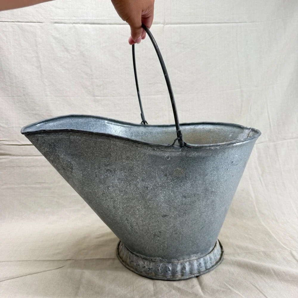Vintage Galvanized Coal Hod Fall Porch Decor Bucket Fireplace Ash Scuttle Holder